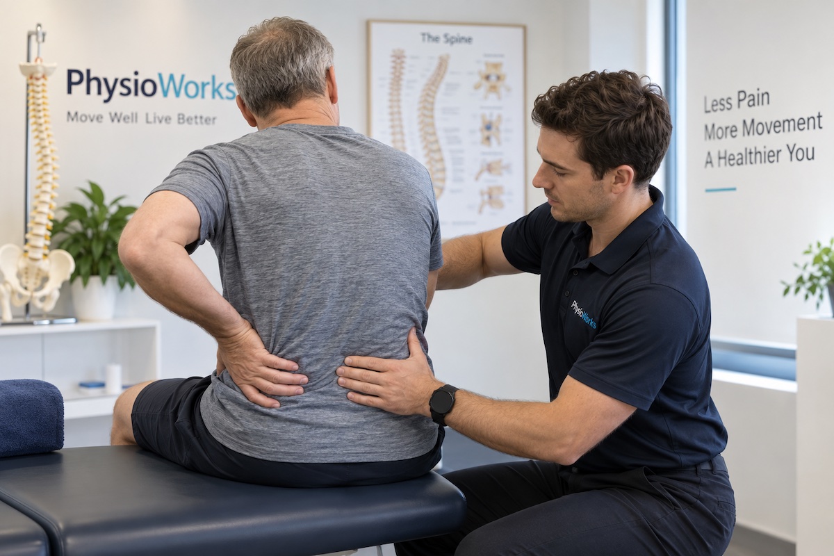 Physiotherapist assessing lower back movement in an older man with spondylosis