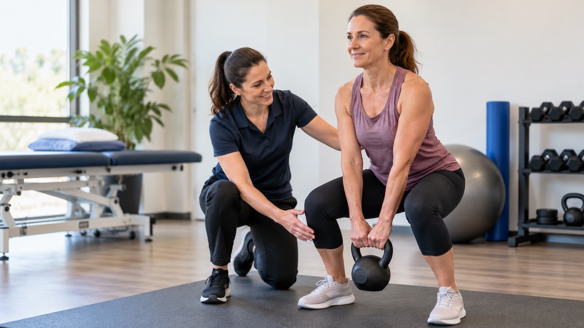 Women’s health physiotherapist guiding exercise for stress incontinence