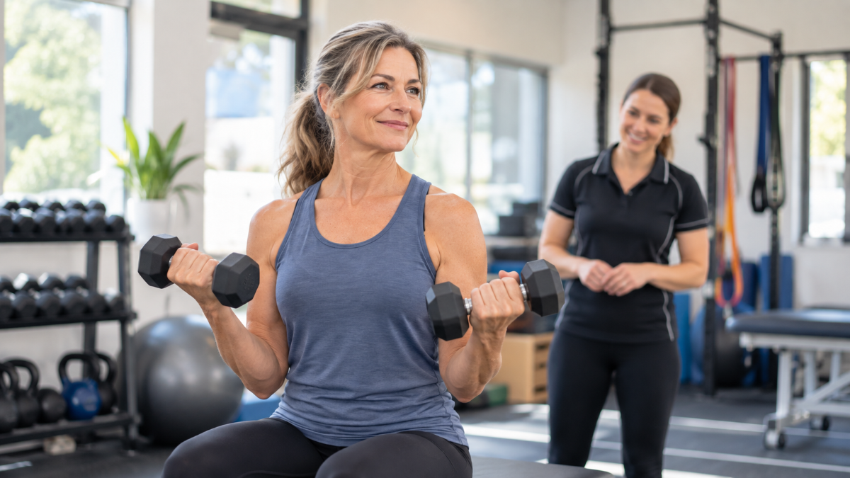 Woman performing supervised strength exercise during midlife