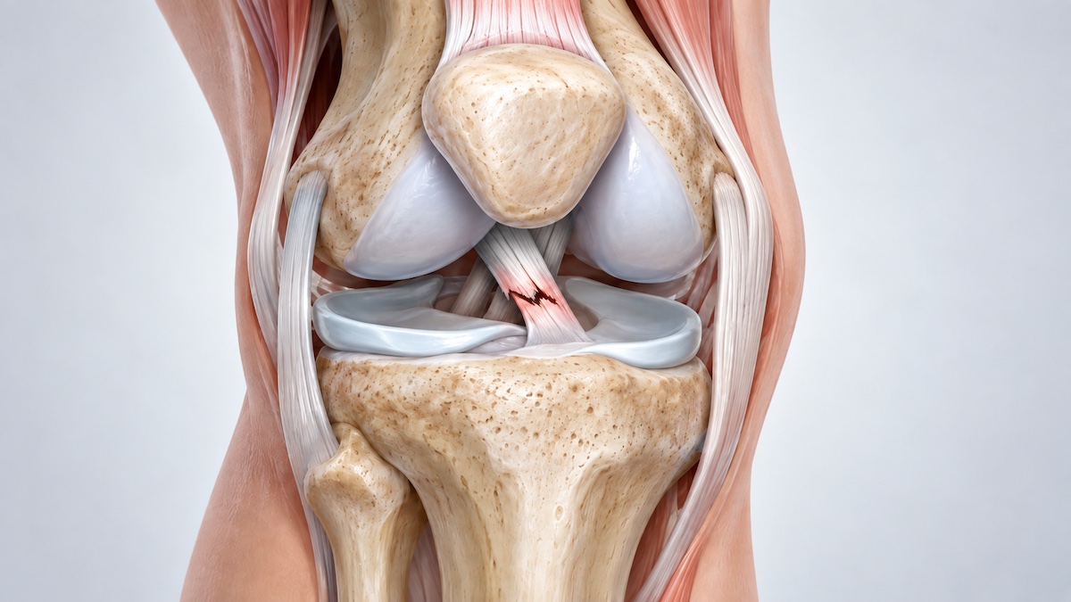 Anatomical illustration showing a torn anterior cruciate ligament inside the knee joint