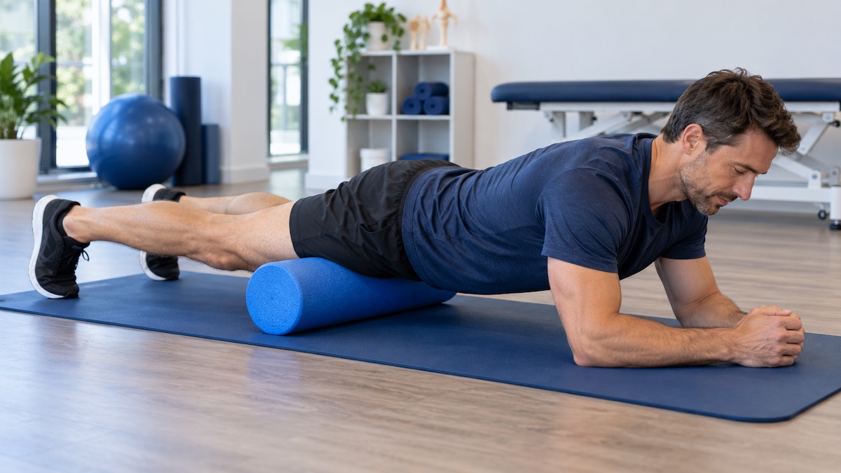 Adult performing a quadriceps foam-rolling exercise on a mat