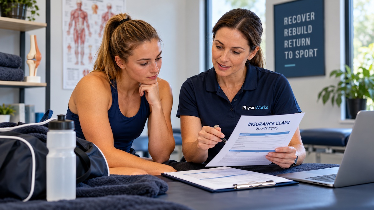 Physiotherapist reviewing a sports injury insurance claim with an athlete