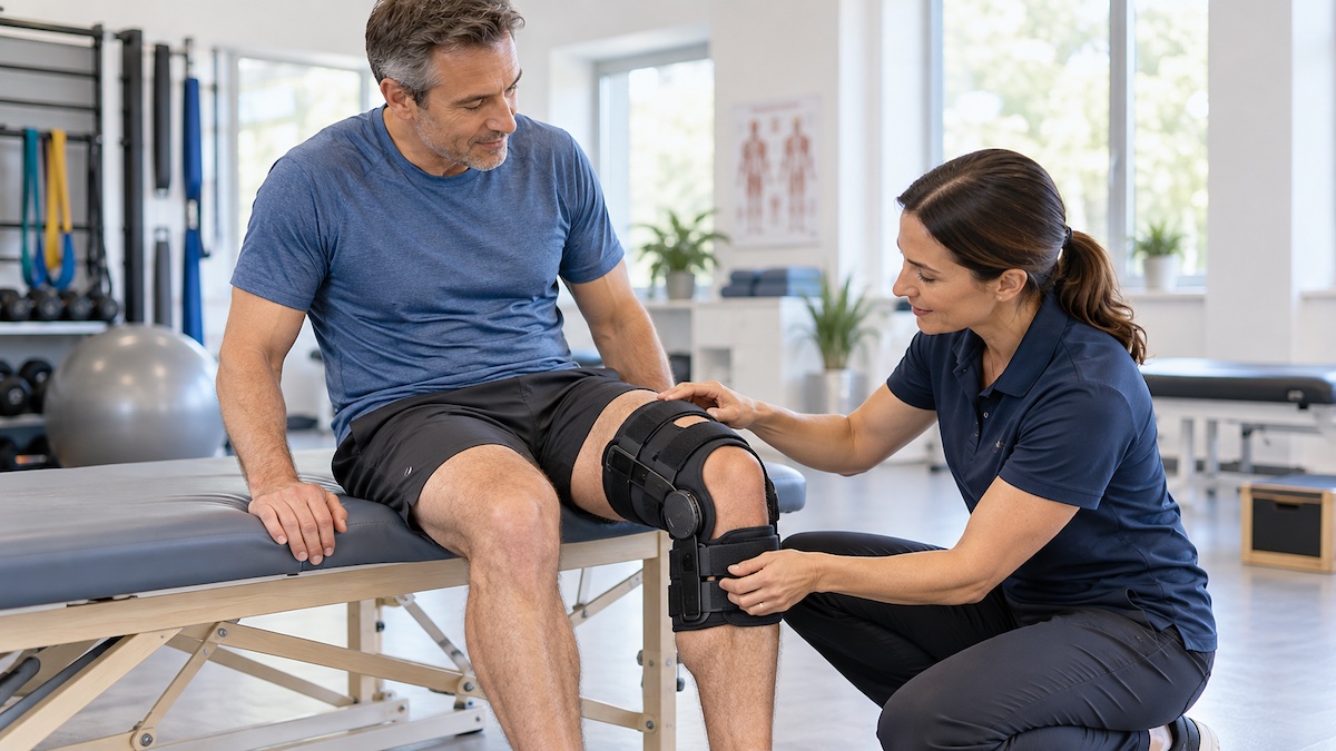 Physiotherapist fitting a semi-rigid knee brace during rehabilitation