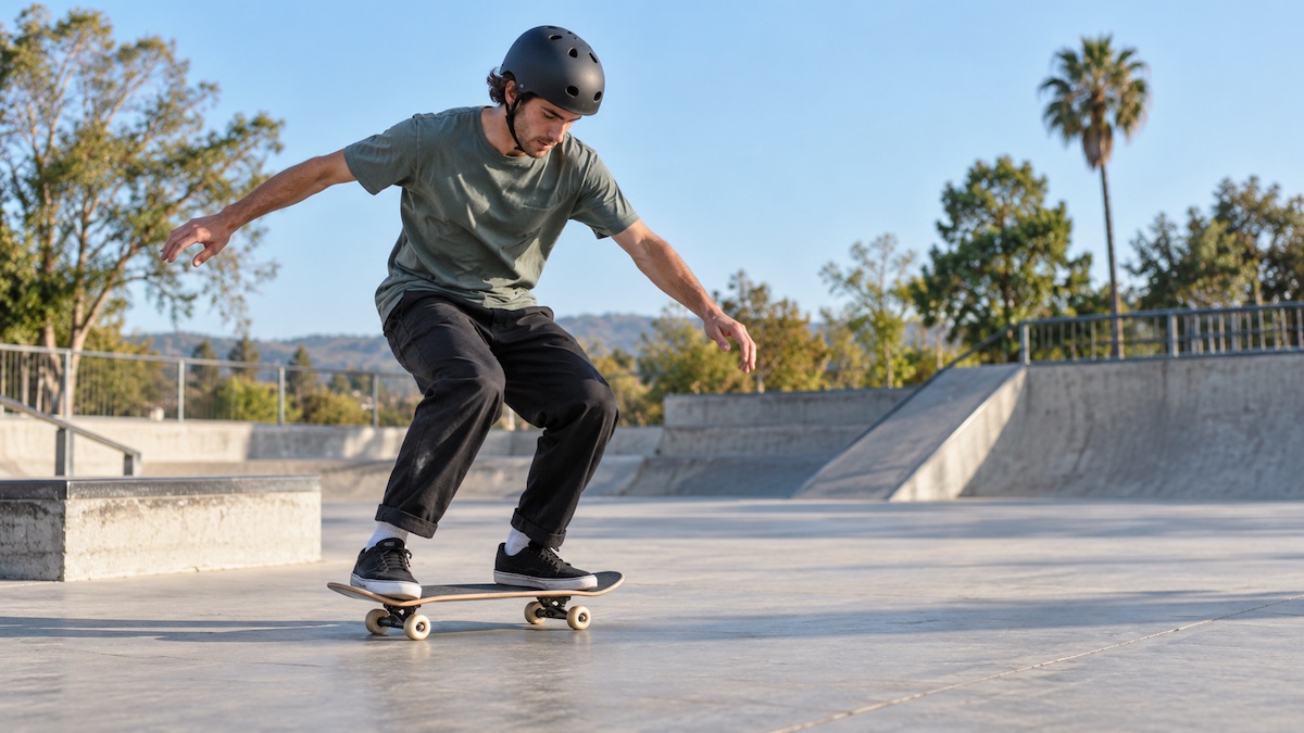Skateboarder controlling a landing in an outdoor skatepark